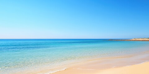 A serene beach scene featuring clear blue waters gently lapping against the golden sand under a bright sky, with distant cliffs visible on the horizon, ideal for travel and relaxation themes