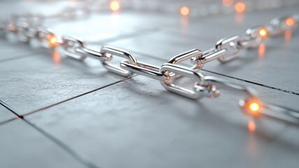 Fototapeta premium Close-up of glowing metal chains on a sleek surface representing digital connections and technology.