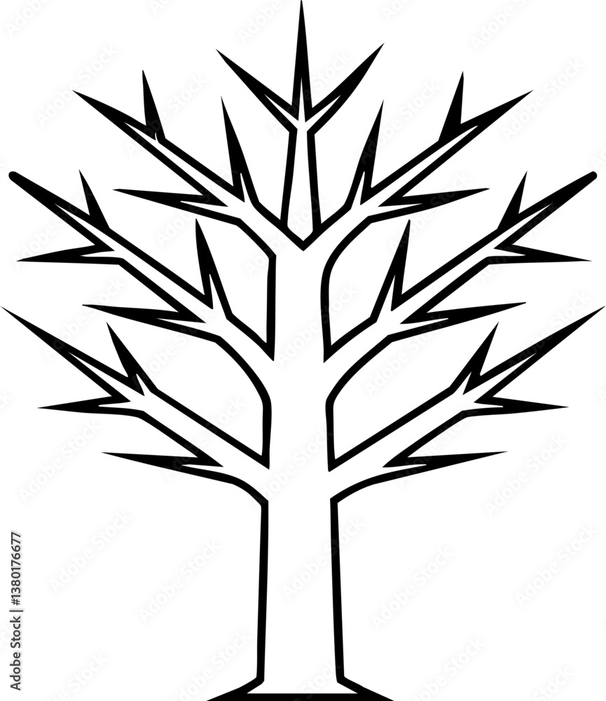 Poster a minimalist black and white illustration of a tree with sharp, angular branches, emphasizing a styl