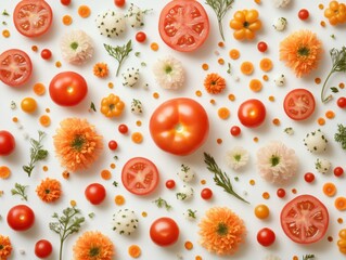 A beautiful arrangement of fresh tomatoes and colorful flowers on a white background for a bright kitchen aesthetic