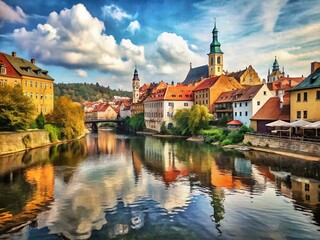 Naklejka premium Cesky Krumlov, Czech Republic: Vltava River and Medieval Town Panorama