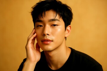 Photorealistic Studio Portrait of a Handsome Korean Male Model with Smooth Glowing Skin and Messy Hair, Hand Touching Face, Against a Warm Yellow Background
