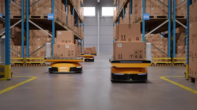 Autonomous AGV robots transporting cardboard boxes in an automated warehouse or distribution logistics center. Smart warehouse automation concept. Realistic high quality 3d rendering animation.