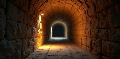 Ancient hieroglyphic tunnel corridor with limestone walls and dimly lit atmosphere, tunnel, temple