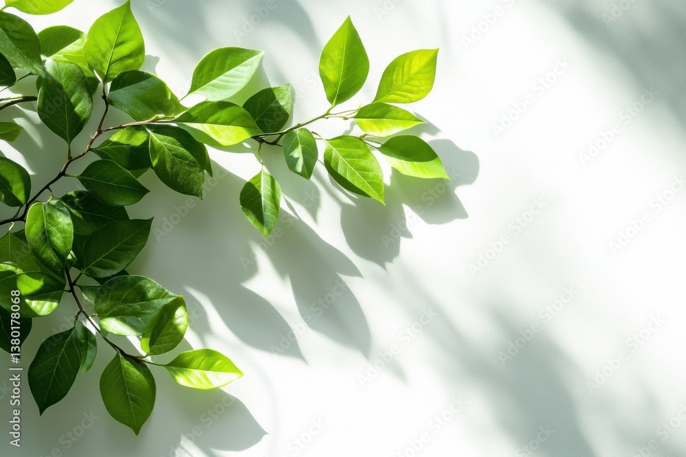 Poster fresh green spring leaves creating soft shadows on a clean white background showcasing a serene bota