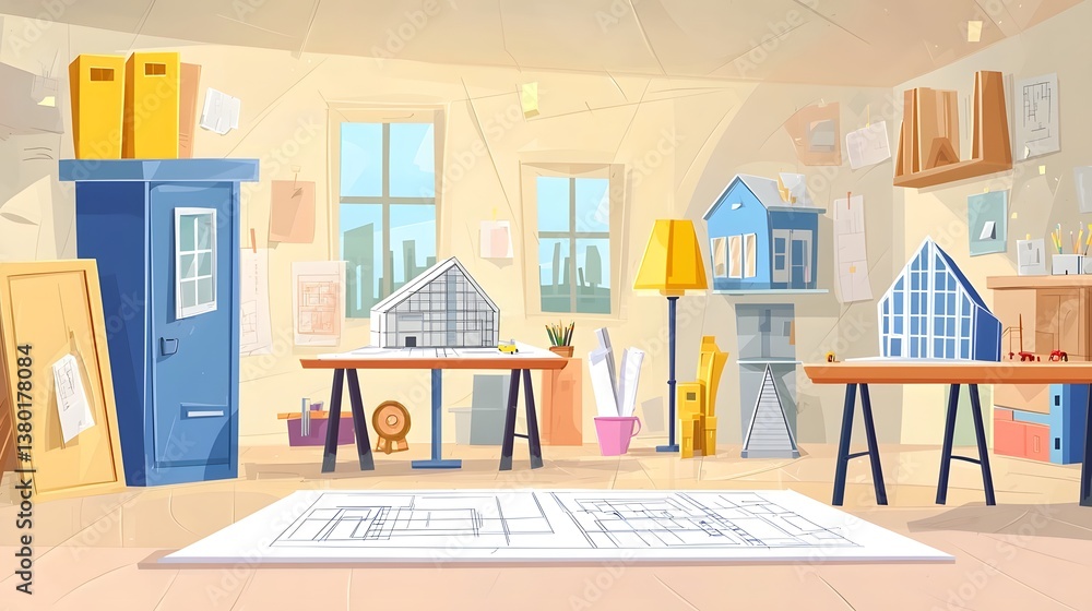 Poster A colorful and organized architect s office filled with design tools blueprints a drafting table and various scale models of buildings and structures