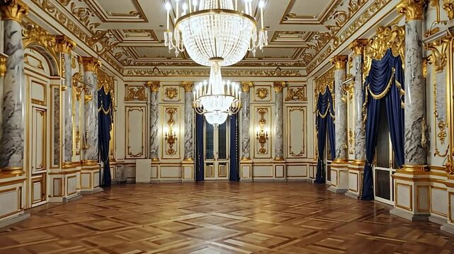 Empty grand ballroom with crystal chandeliers, gold accents, marble columns, parquet floor and blue curtains
