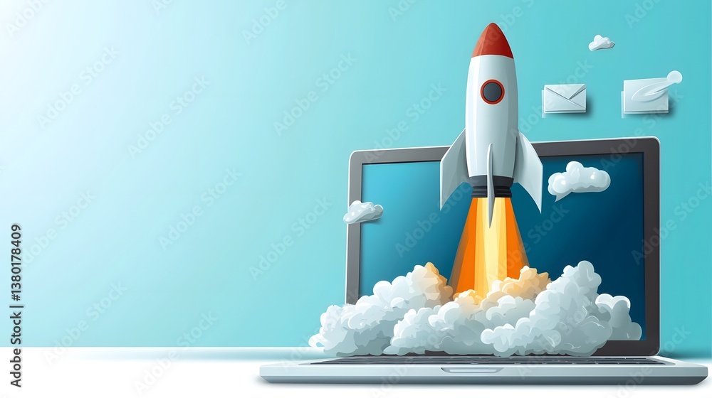 Poster a colorful cartoon of a rocket blasting off from the screen of a laptop representing the launch and 