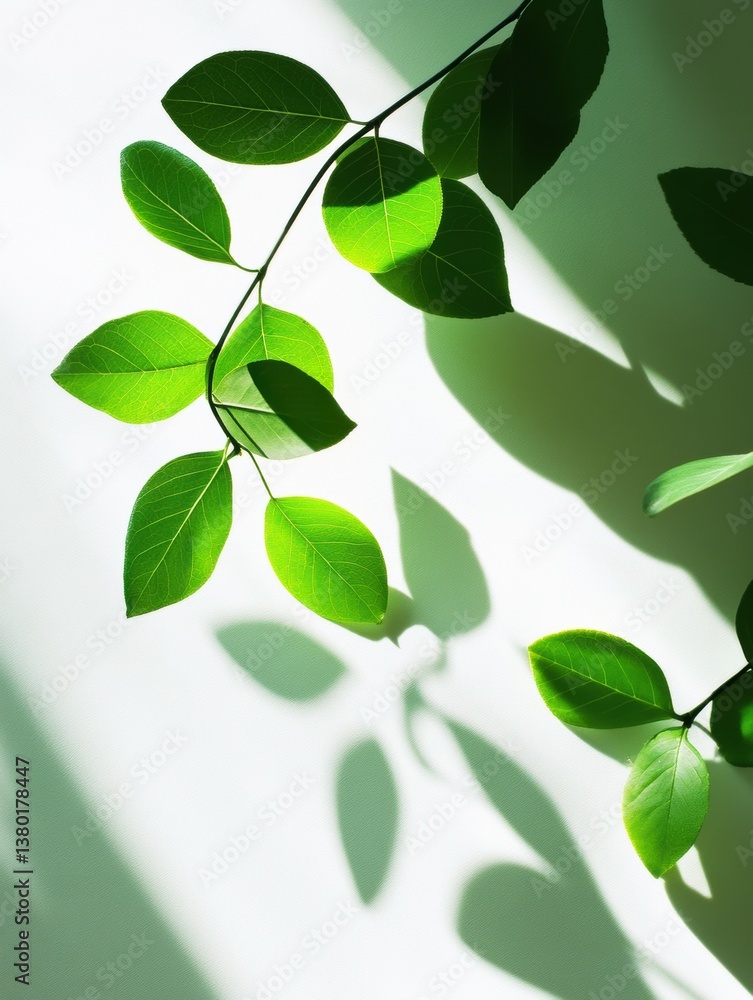 Aufkleber fresh green spring leaves casting soft shadows on a white background create a serene botanical displ