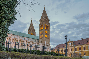 illuminated bell tower at Sts. Peter and Paul's Cathedral