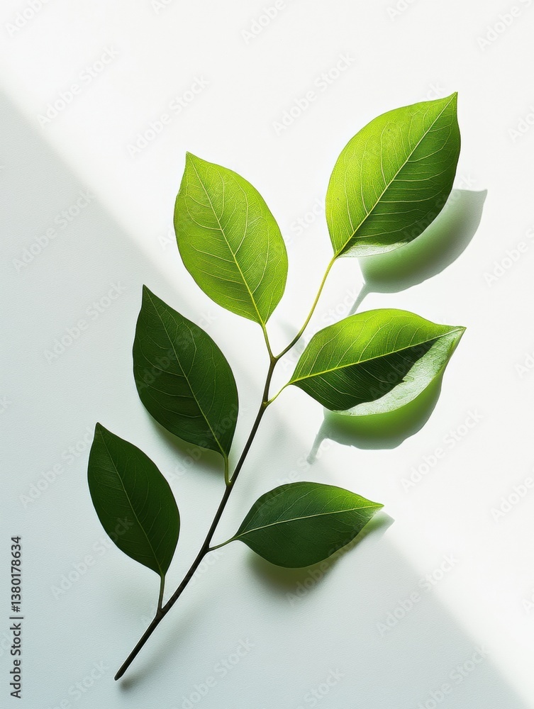 Aufkleber fresh green spring leaves create soft shadows on a white background in a clean botanical layout idea