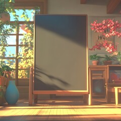 A serene indoor space featuring a blank chalkboard framed by sunlight, surrounded by vibrant plants and furniture, creating a warm and inviting atmosphere for creative activities
