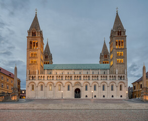 Sts. Peter and Paul's Cathedral Basilica in Pécs with illuminated towers