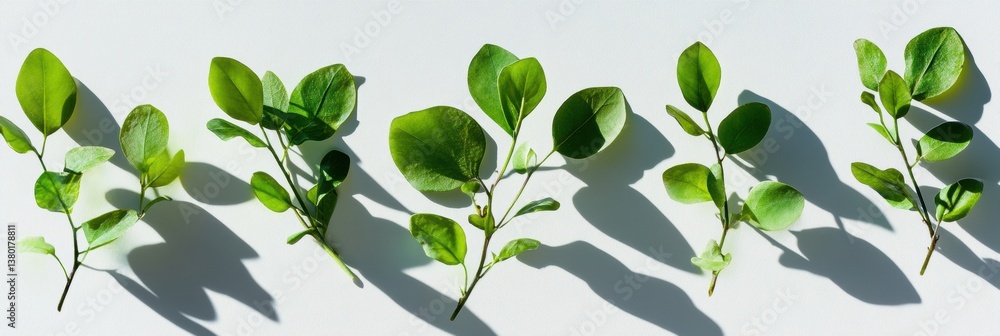 Poster fresh green spring leaves create soft shadows on a white background in a clean botanical composition