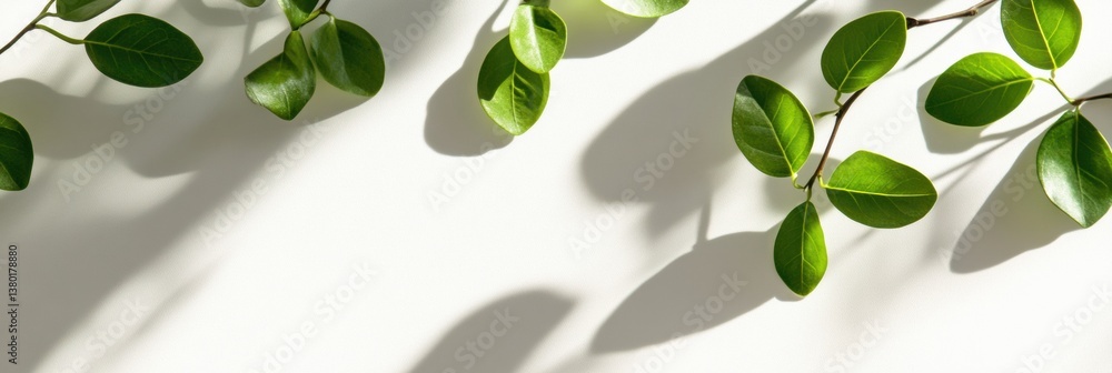 Poster fresh green spring leaves creating delicate shadows on a bright white background in a clean botanica