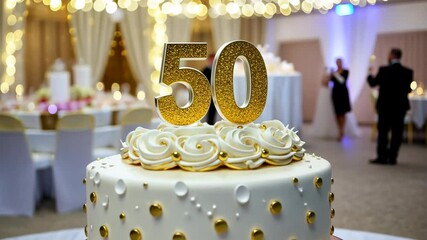 50th birthday cake adorned a gold accents. Birthday party. Blurred light festive background. Golden balloons. Fifty years, Fiftieth anniversary. Celebration cake, golden candles. Numbers 50