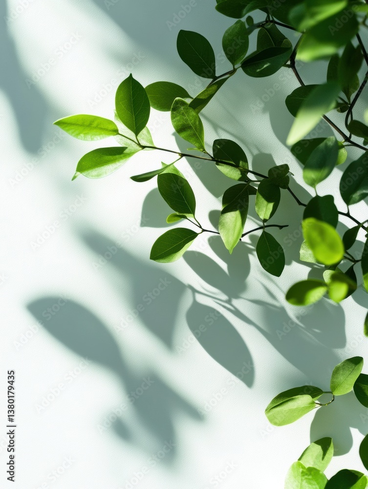Poster fresh green spring leaves create soft shadows on a white background for a clean botanical layout