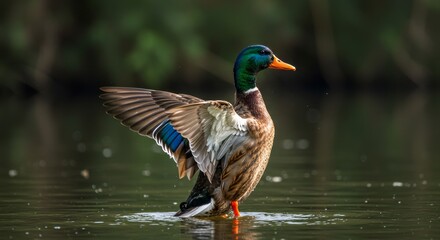 Obraz premium Majestic Mallard in Tranquil Waters - A vibrant mallard duck emerges from calm water, symbolizing freedom, serenity, nature, beauty, and grace
