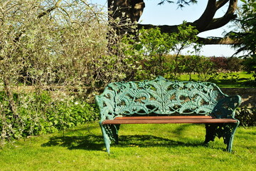Wooden and metal bench in a beautiful green garden 