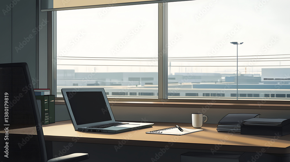 Poster a laptop is on a desk in front of a window
