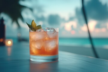 Refreshing summer cocktail served at a beachside bar during sunset with ocean view