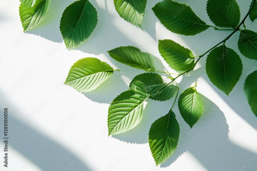Poster fresh green leaves create soft shadows on a white background in a serene botanical layout for spring