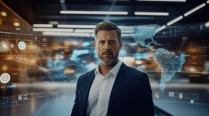 Futuristic AI-powered control room with holographic interfaces, real-time data analytics optimizing global networks, security, and automation systems