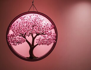 A stunning artificial cherry blossom tree in a circular frame against a soft pink wall, exuding serenity and beauty.