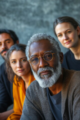 Obraz premium A diverse group of multigenerational business people collaborates on a project. They engage in innovative thinking and teamwork, highlighting creativity and cooperative strategies in a modern office