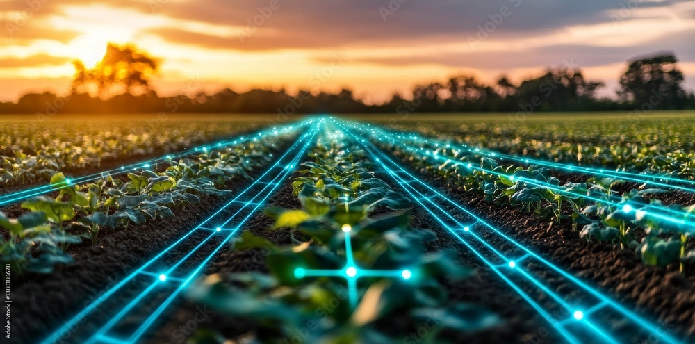 Poster a nighttime scene of a smart farm features a digital grid overlay that highlights and improves the l