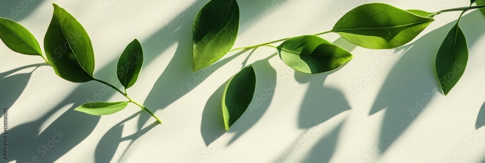 Aufkleber fresh green spring leaves create delicate shadows on a clean white background in a serene botanical 