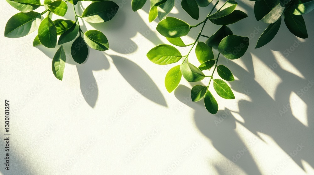 Aufkleber fresh green spring leaves create soft shadows on a clean white background in a serene botanical layo