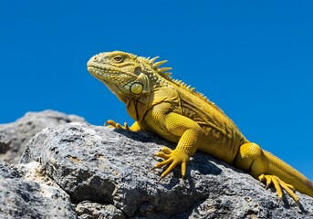 Fototapeta premium Majestic Yellow Iguana on Rocky Surface Under a Clear Blue Sky Wildlife, Reptile Portrait.