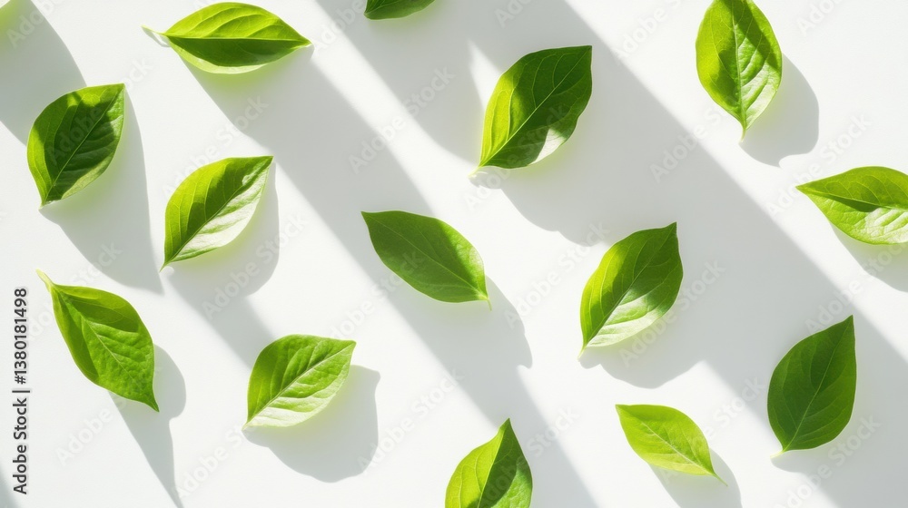 Poster fresh green spring leaves creating soft shadows on a white backdrop with a clean botanical arrangeme