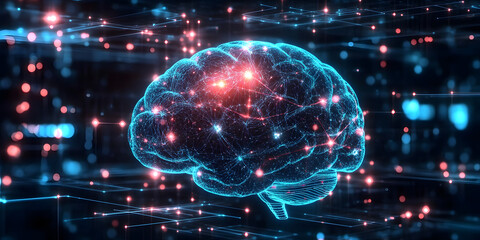A glowing futuristic digital brain, displaying AI-driven holographic neural networks, cybernetic deep learning pathways, and pulsating quantum intelligence cores. The high-tech abstract background