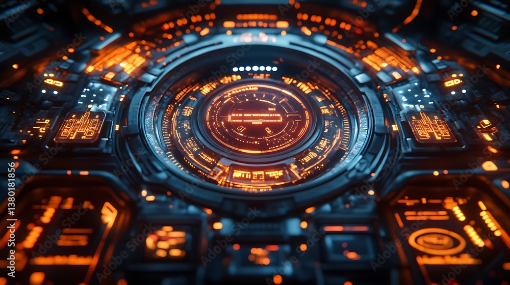 Poster a futuristic dashboard display with holographic gauges and meters, leaving a clean space in the lowe