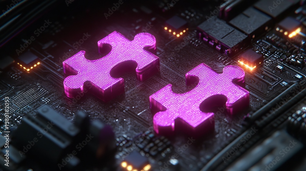 Poster neon puzzle pieces interlocking on a high-tech digital background, representing the idea of api inte