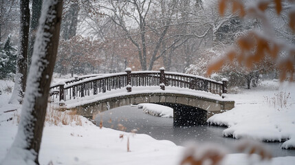 A snowy scene of a stone bridge over a small stream in a park during a winter snowstorm day scene