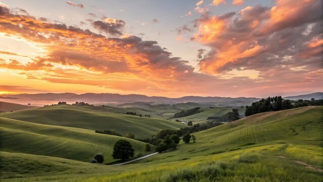 Sunrise over rolling hills