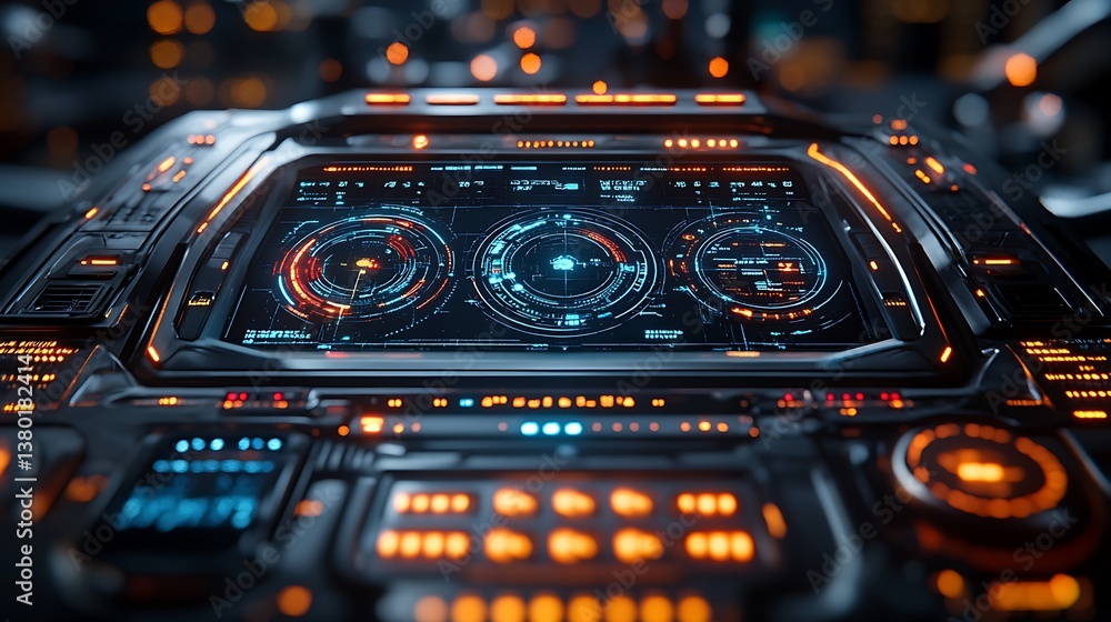 Aufkleber a futuristic dashboard display with holographic gauges and meters, leaving a clean space in the lowe