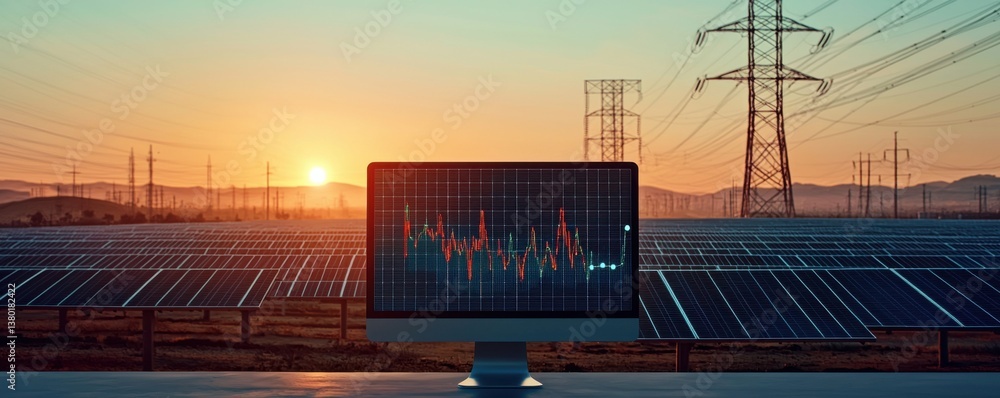 Poster a computer monitor displaying data against a sunset over solar panels and wind turbines.