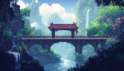 A serene pixel art landscape featuring a traditional bridge over a tranquil river, surrounded by lush greenery and cascading waterfalls, evoking a sense of peace and adventure