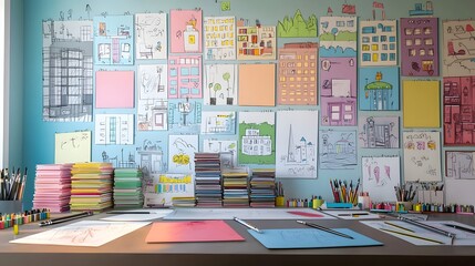 A creative and inspiring workspace of a comic with colorful comic panels stacks of concept sketches and a variety of drawing tools and stationery for their process