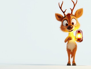 Joyful cartoon deer holding lantern studio setting digital art playful mood close-up view whimsical character design