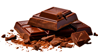 A dark chocolate bar broken into enticing pieces isolated on transparent background