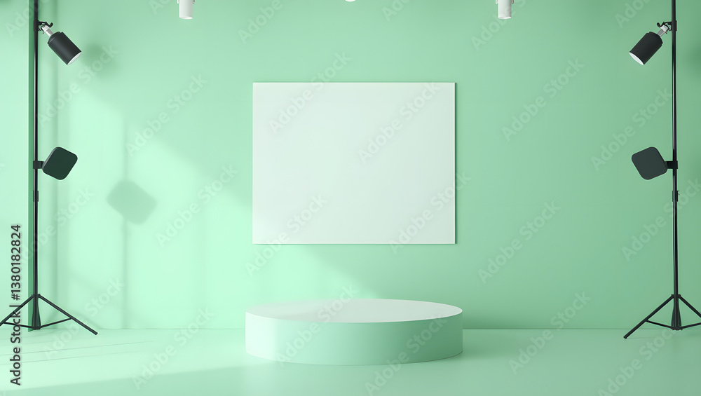 Poster a serene studio setup with a blank canvas and podium, bathed in soft, inviting lighting.