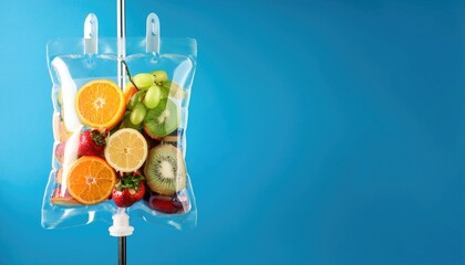 Iv drip filled with fruits isolated on blue background, IV Vitamin Therapy concept, modern healthcare