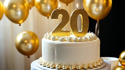 20th birthday cake adorned with gold accents. Birthday party. Blurred light festive background. Golden balloons. Twenty years or twentieth anniversary. Celebration cake with golden candles. Numbers 20