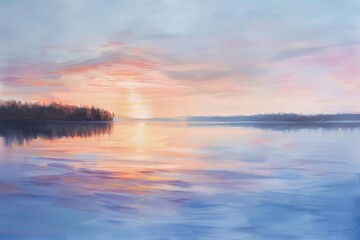 Fototapeta premium A peaceful scene with a soft, colorful sunset reflecting on a calm lake, A serene sunset over a tranquil lake, with soft pastel hues reflecting on the water