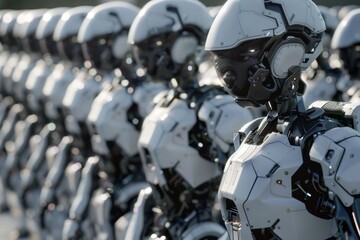 Fototapeta premium A line of white robotic soldiers march in perfect formation, their faces obscured by helmets, An army of robotic soldiers marching in perfect formation